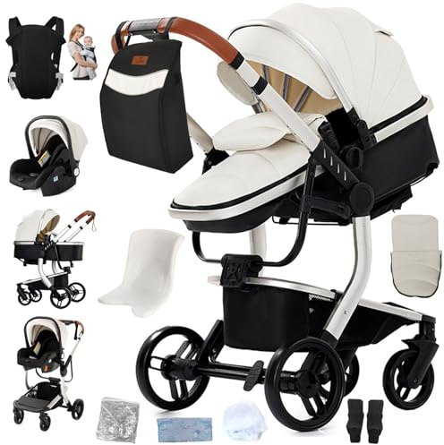 Prokoke Pelle PU Passeggino Trio, Trio Passeggino Neonati con Due Modi Reversibili per Spingere, Passeggini 3 in 1 con Una Lega di Alluminio a Cornice, Tris con Design Pieghevole in Un Clic (White518)