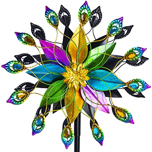 DREAMYSOUL Outdoor Kinetic Wind Spinner 360 Degree Rotate, Double-Sided Large Metal Wind Spinners for Yard and Garden, 16 Dia * 66 H Tall Wind Sculpture & Spinners