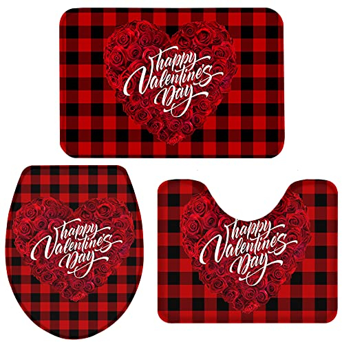Set 3 Teilig Badvorleger Romantische Rosen Auf Rotem Und Schwarzem Plaid Anti-Rutsch Bade-Matte+Kontur+Wc-Deckelabdeckung Weiche Badgarnitur Badematten Für Wc-Sitz Bezug Dusche Wohnzimmer