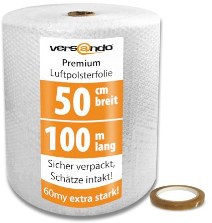versando Premium Luftpolsterfolie extra stark 100m x 0,5m Versand, | Verpackung, Umzug Noppenfolie Bubble Wrap LPF Rolle und Klebeband 19mm x 66m