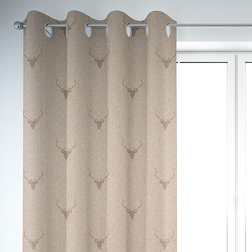SCHÖNER LEBEN. Vorhang Jacquard Hirschkopf mit Geweih beige Hellbraun, Gardinen Aufhängung:Ösen