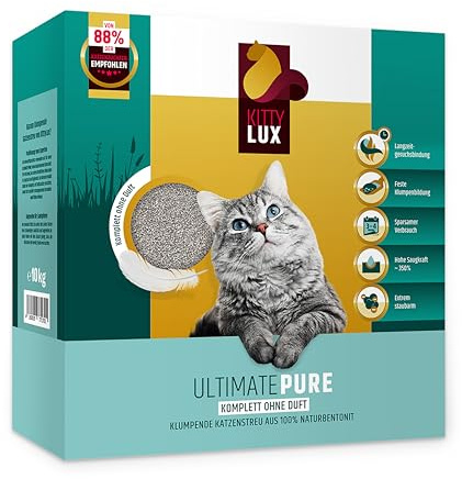 KittyLux klumpende Katzenstreu Ultimate Pure 2x10kg ohne Duft für Sensible Katzen, Klumpstreu 100% Naturbentonit, extrem staubarm, Feste Klumpenbildung, schnelle Geruchsbildung, geringer Verbrauch