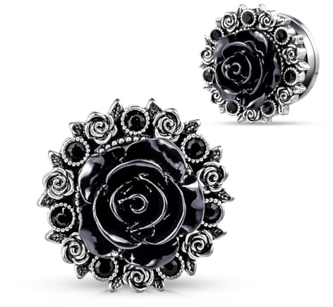 COOEAR rostfritt stål öronkniv kötttunnel, Scew Back Black Rose blomma Plugs, uppgradering expander örhängen spårning.