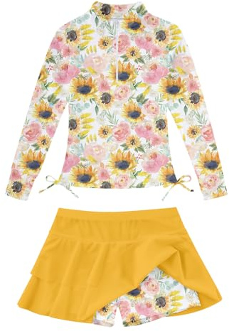 Size 7-8 Girls Sunflower Swimsuits with Rash Guard Skirts Big Girl's Cute Shorts Ruffle Sports Bathing Suits 7 8 Year Kids 2 Piece Zip Sunsuits UPF 50 Long Sleeve Shirts for Hawaiian Beach Cover-ups