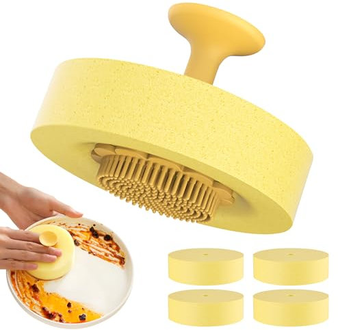 Kitchen Cleaning Brush with 4 Interchangeable Cleaning Sponge, Kitchen Dish Brush with Suction Cup Design, Multifunctional Cleaning Brush for Dishes, Pots, Pans (Yellow)
