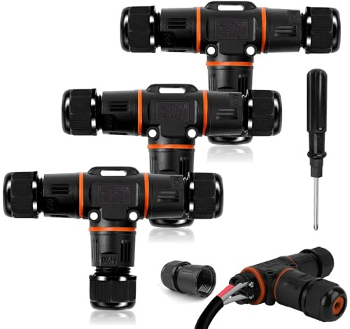 HIMOMO Wasserdichte Kabelverbinder IP68, 3-polig, 3-Wege, Ø3-12mm, T-Form, 3 Stück, Schwarz, ABS, PVC, wasserdicht