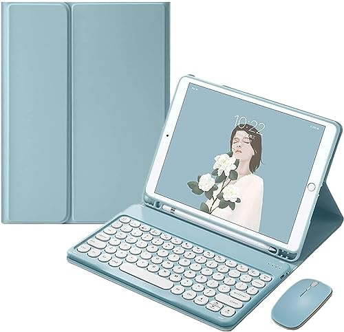 Keyboard Case for All New Amazon Fire HD 10 2023/2021 with Mouse，Smart Soft Case with Bluetooth Keyboard for HD 10 Detachable Wireless Keyboard Tablet Cover with Pencil Holder (Misty Blue)