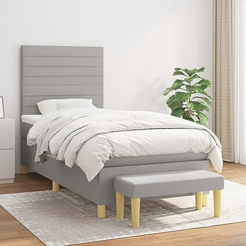 Homgoday Boxspringbett mit Matratze Polsterbett Doppelbett Einzelbett Gästebett Bett mit Lattenrost & Bettbank Bettgestell mit Kopfteil (Horizontale Streifen) Hellgrau 90x190 cm Stoff