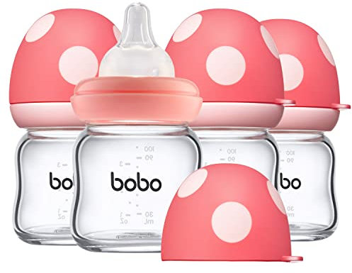 YOHKOH Weithals-Babyflasche aus Glas, Anti-Colic Glas-Babyflaschensets mit Ultra Soft Silikon-Sauger, für Neugeborene Babys ab 1 Monat (Rot, 100ml (4er Pack))