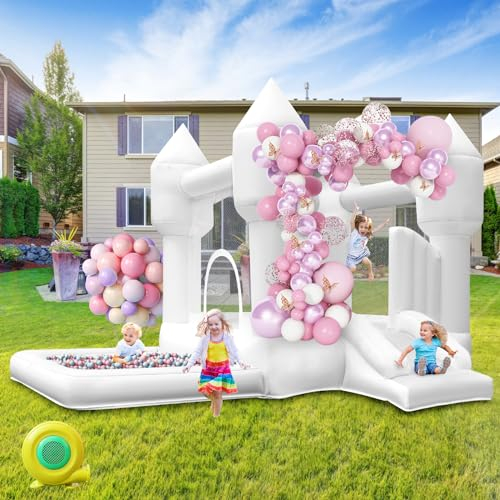 Hüpfburg Weiß mit Rutsche Sprung und Bällebad, Aufblasbare Hüpfburg Indoor Outdoor mit Gebläse für Kinder von 3 bis 8 Jahren, Bounce House für Garten Party Hochzeit Geburtstags Geschenke 320×280×210cm