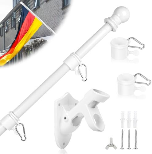 DBREAKS 1.5M Kit Asta Bandiera di Alluminio, Set Pennone per Bandiera con Anello Rotanti, 4 sezioni Asta per Bandiera, Asta per Bandiera per Montaggio a Parete Regolabile(Bianco)