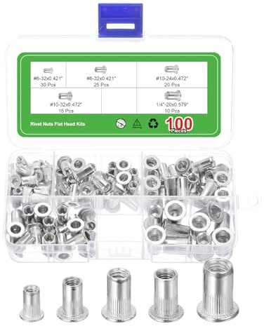 sourcing map 100 Stück Nietmuttern, #6–32, #8–32, #10–24, #10–32, 1/4-Zoll-20 Aluminium-Legierung, Rändelkörper