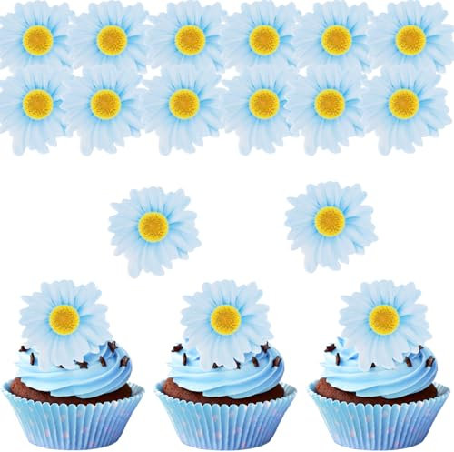 ALEGRE Essbare Gänseblümchen Tortendeko Blumen,48 Stück Essbare Blumen für Torte Taufe,Esspapier Kuchendeko Blumen,Essbare Blüten Torten Deko,Blau Gänseblümchen Cupcake Deko Essbar,Blumen Cake Topper
