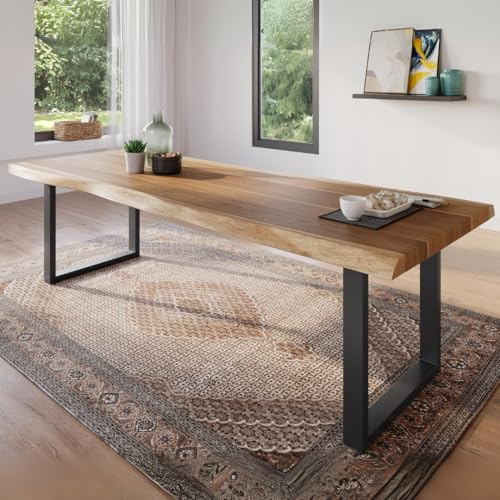 trelevo Esszimmertisch 300x100 cm, Akazienholz massiv, Tischplatte naturfarben, echte Baumkante, U-Gestell schwarz, Baumkantentisch