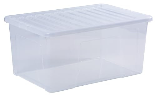 Wham Crystal 90 Liter Storage, Home Office Stackable Nestable, Heavy Duty Plastic Large Storage Box With Lids 70 x 47 x 33 cm solution organizer- Tint Clear (Pack of 2)