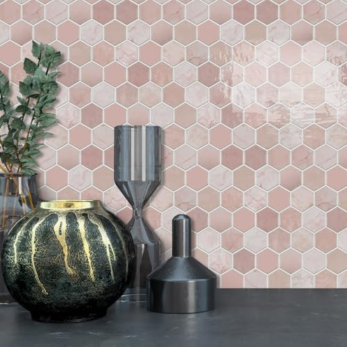 Alwayspon Fliesenaufkleber, 30,5 cm, 10 Stück, rosa Marmor, sechseckiger Effekt, selbstklebend, zum Aufkleben auf Fliesen, Transfer für Badezimmer, Küche, Backsplash, abziehen und aufkleben,