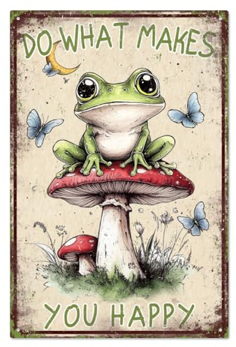 WADORN Funny Frog Mushroom Metal Tin Sign, Do What Makes You Happy Retro Metal Poster Sign Cute Cartoon Frog Painting Home Wall Art Poster Plaques for Bedroom Bathroom Farmhouse, 7.8x11.8 Inch