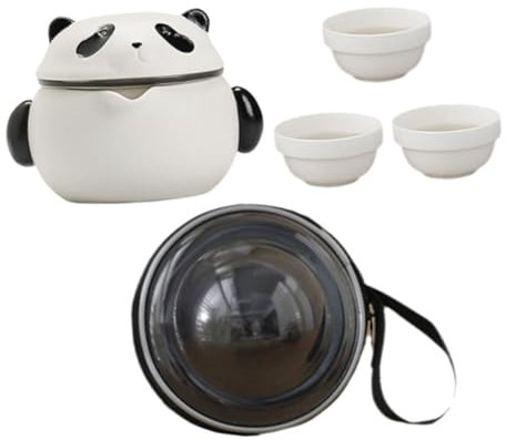 OFFSCH Travel Ceramic Tea Set Teapot and 3 Porcelain Cups Portable Tea Brewing Kit Black Panda Bag for Outdoor and Home Use
