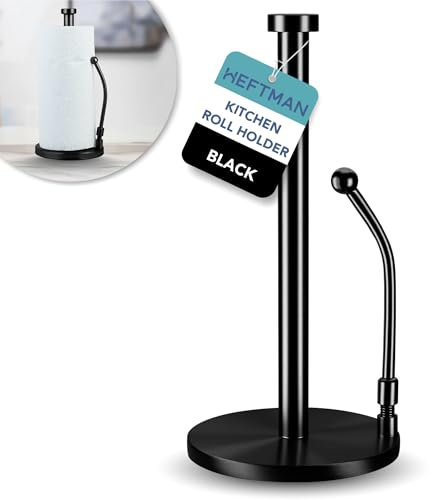 HEFTMAN Portarrollos de cocina negro, soporte para toallas de papel con brazo de tensión y base pesada antideslizante, soporte para rollos de cocina de acero inoxidable, dispensador de rollos de