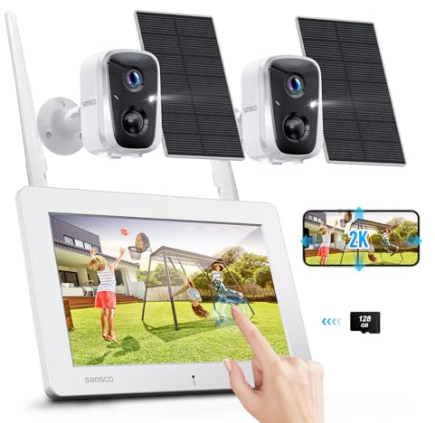 SANSCO 2K Solar Wireless Security Camera System with 4CH 7 Touchscreen Monitor, 2PCS 4MP WiFi Battery Powered Camera Outdoor with 128GB TF Card, PIR Human Detection, 2-Way Audio, Color Night Vision