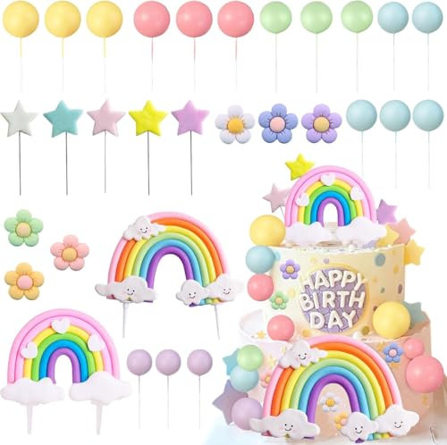 38PCS Topper per Torta, Arcobaleno Palloncini Stelle Fiori Decorazione per Torta, Palline Decorative per Torte Colorati, Topper per Torta Arcobaleno, per Matrimonio Compleanno Baby Shower