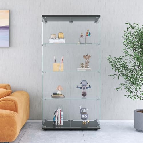 BursDany Vitrine aus Glas, moderner Vitrinenschrank mit 2 Türen und 4 Ablagen aus ESG-Glas, Sammlervitrine für Bar, Wohnzimmer, 164 x 80 x 36 cm, Schwarz