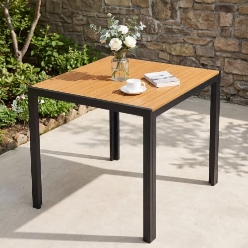 Clevich Gartentisch Wetterfest 75x75cm,Balkontisch Klein aus Aluminium& WPC | Quadratischer Terrassentisch, Outdoor Esstisch Balkon, pflegeleicht und langlebig, Tisch Garten für 4 Personen, Teakbraun