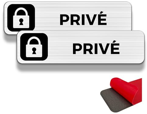FloraVigo Plaque de porte privée, 2 panneaux de propriété privée, 19×5 cm, aluminium brossé, épaisseur 2 mm, intérieur/extérieur, étanche, avec autocollant (PRIVÉ)