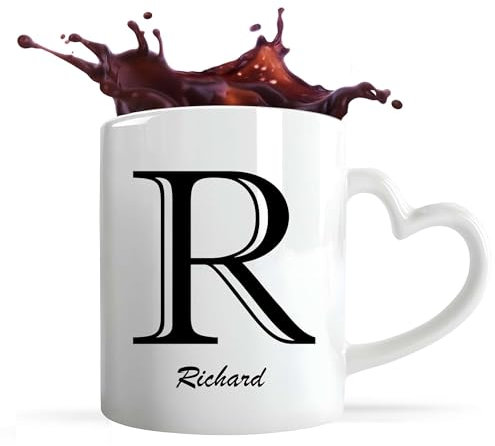 Planetee Tasse Coeur Richard Lettre Chic | Mug avec anse en forme de Coeur | Idée Cadeau Prénom Anniversaire Papa Collègue Départ Retraite Noël