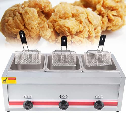 Friteuse Commerciale À Gaz, Friteuse Au Gpl En Acier Inoxydable Avec Puissance De Feu Réglable,Friteuse À Gaz De Comptoir Avec Paniers Et Couvercles,Pour Chips,TripleCylinder10L+10L+10L