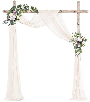 Voarge Hochzeitsbogen-Drapierungsstoff, 75 x 600 cm elfenbeinfarben Chiffon-Stoff Transparenter Tüll Hintergrund Vorhang Kulissenvorhänge für Hochzeitszeremonie, Party, Decken-Swag-Dekoration