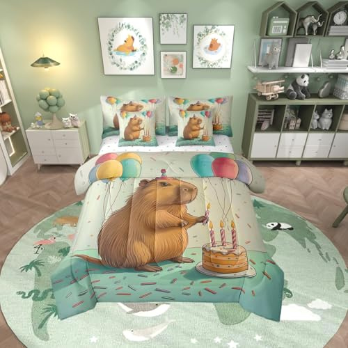 Erosebridal Cute Beaver Comforter Set with Sheets Twin Size for Kids, Wild Animal Bed in A Bag for Bedroom, Wildlife 7-Piece Bedding Set, Happy Birthday Cake Candle Balloon Bed Sets