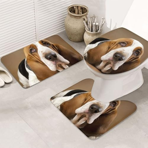 rutschfeste 3 Badteppich Set Basset Teppich Langlebige Anti-Rutsch Badgarnitur Badematten, Für Badewanne, Wohnzimmer, Spa
