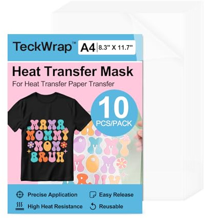 TECKWRAP Maschera a trasferimento termico per carta a trasferimento termico per magliette, 10 pezzi, A4 (210 x 297 mm), pellicola di mascheratura trasparente, nastro di trasferimento da stirare per