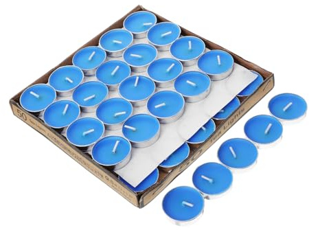 TOPBATHY 50 Piezas Velas Votivas Redondas Sin Aroma para Bodas y Propuestas Mini Velas de Tealight para Decoración de Mesas y Pasillos Elegante y Quema Limpia Paquete de Unidades Azul