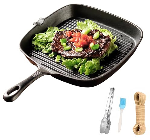 Cast Iron Grill Pan, 9.5 inch Square Grill Pan Skillet with Pour Spout, Cast Iron Griddle Pan with Small Meat Tong, Oil Brush & Hemp Rope for Stove Tops, Gas, Induction, Grill, Campfire, Oven Safe