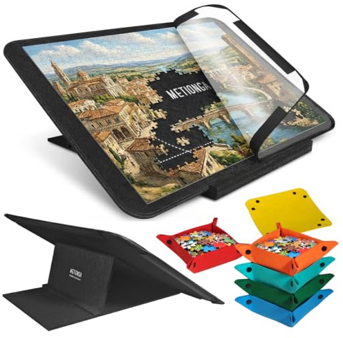 Metionga Tavolo Puzzle + Supporto Regolabile, Dimensioni Grandi 81x56 cm, Adatto per Puzzle 500 e 1000 Pezzi, Include 6 Vassoi Smistatori + Copertura Antipolvere, Portatile e Facile da Riporre