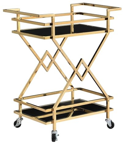 FineBuy Servierwagen Gold mit Glasablagen 65x80x40 cm, Moderner Barwagen auf Rollen, Design Getränkewagen & Teewagen Metall Schwarz Gold für Wohnzimmer Küche Esszimmer Rollwagen Multifunktional