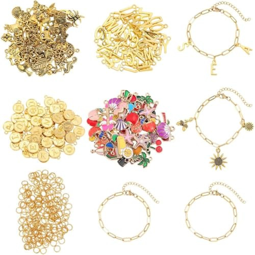 BEAMARKER 418 Stück Gold Charm ArmBastelset Einschließlich 12 Stück Edelstahl Büroklammer Kettenarmbändern 200 Stück Offenen Biegeringen 206 Stück Legierungs Emaille Charms Anhängern Für Die DIY Schmu