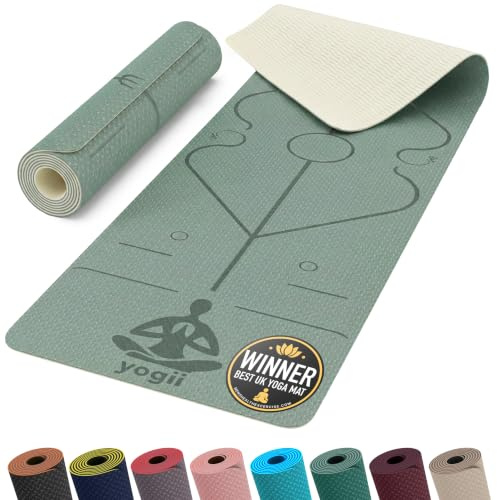Yogii Yoga Mat - Non-Slip 6mm Thick TPE & Travel-friendly Yoga Mat - Perfect for Home & Gym Exercise Fitness & Pilates - With Laser Alignment Guides for Men & Women
