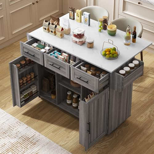 Oslghy Isla De Cocina Móvil con Ruedas, Carro de Cocina con Mesa de Comedor Extensible, Mueble Auxiliar de Cocina con Estantes Ajustables, Estante para Especias y 3 Cajones,139x 46-71x91,5cm (Gris)