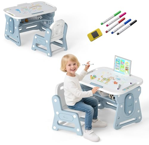 GYMAX Set Tavolo e Sedia per Bambini, Scrivania per Bambini Regolabile in Altezza con Lavagna Inclinabile, Cubo Nascosto e Porta Penne, Tavolo Attività 4 in 1 per Casa, Aula, Asilo Nido (Blu)