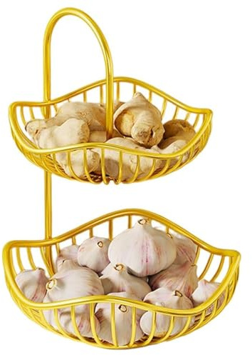LZTET Fruit Basket,Baskets For Kitchens,Kitchen Countertop Rack,Two Tiered Holder Bread And Veg,Multipurpose Food Organizer Shelf,Etagere In Keeping Fruit,Vegetables(S,Gold)