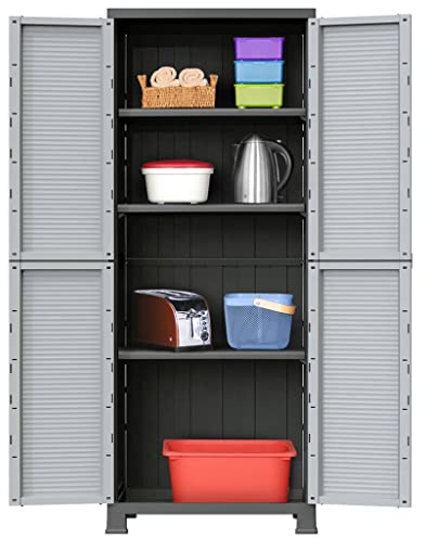 Bucmath Armario de plástico de 68 x 39 x 171,5 cm, color gris, con 2 puertas y 4 estantes ajustables, con cerradura, ideal para garaje, oficina, trastero, armario de almacenamiento versátil