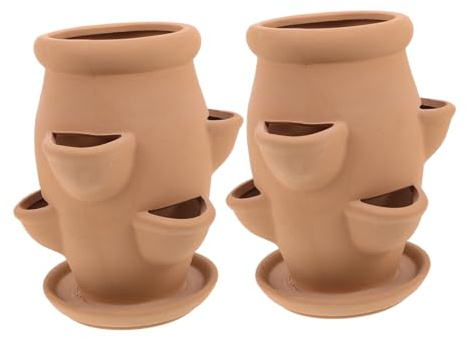 KONTONTY Jardinière en Terre Cuite à Fraises 2 Pièces, Pot de Fleurs Vertical Léger avec Six Poches Multi-Ouvertures, pour Orchidées et Plantes D'intérieur sur Balcon ou Jardin