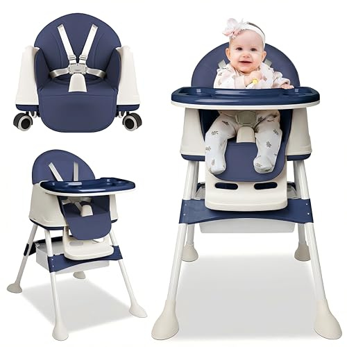Hochstuhl Baby 2 in 1 mit Rollen, Höhenverstellbar Kinderhochstuhl, 3-Stufen Doppeltablett Essbrett Kombihochstuhl, Tragbar mit Ziehband – Multifunktionaler Babystuhl, Klappbar und Mitwachsend, Blau
