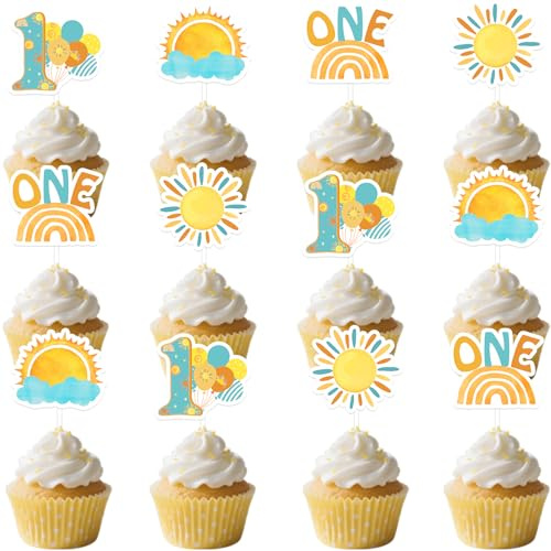 Cupcake-Topper mit Aufschrift One Happy Boy für den 1. Geburtstag, Boho, Erste Reise um die Sonne, Cupcake-Topper, blau, für Jungen, Groovy One Sun-Thema, Party-Dekoration, Zubehör, 36 Stück