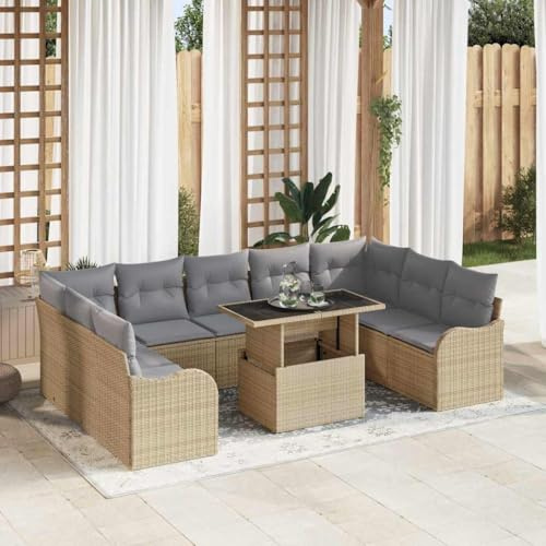 Ordellia Trädgårdssoffa-set, 10 delar, beige poly rotting, modulär loungesoffa med höjdjusterbart bord, väderbeständig för uteplats och balkong
