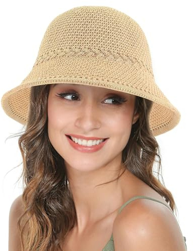 YEAMLTE Strohhut Damen Sommer Faltbarer Strandhut Freizeit Gewebter Sonnenhut Hawaii Stil Atmungsaktiv Leicht Sonnenhut für Strand Urlaub Reisen Outdoor