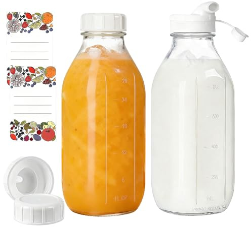 YOOMUR Set di 2 bottiglie di vetro per latte con beccuccio, da 1 litro, con coperchio, per frullati da 950 ml, con indicatore di capacità, bicchieri per frullati freschi, succhi di frutta, kombucha